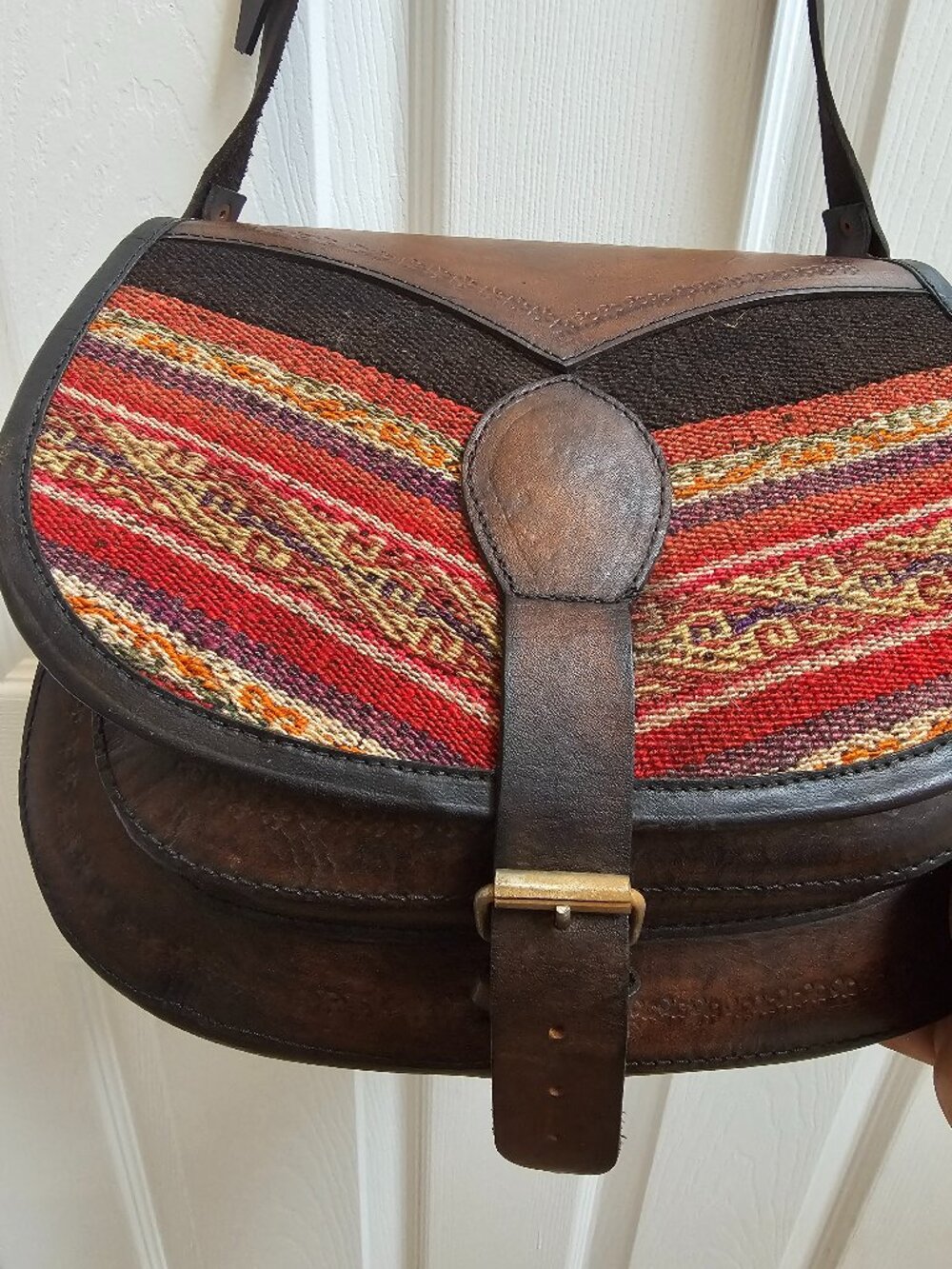 Handmade Bolivian leather and woven textile shoulder bag